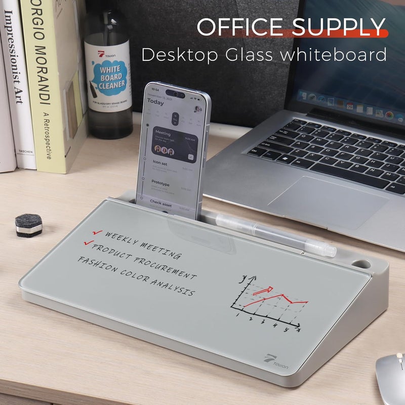TOWON Small Compact Glass Desktop Whiteboard with Storage – 12 x 7 in Dry Erase Board for Desk, Home Office, School | Includes 5 Markers, Eraser & Holder | Space-Saving Organizer, Aesthetic Gray - Image 2